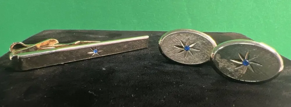 VTG Gold Tone Cufflinks & Tie Clip Blue Rhinestone Starburst Mid Century Avon